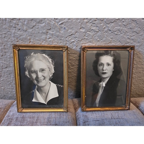 Other - Vintage 1940s Black White Portrait Photos Gold Ornate Floral Metal Frames Set 2